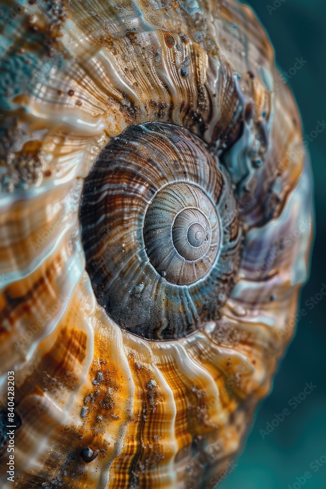 Poster a close up shot of a snail shell on a table, with intricate details and patterns