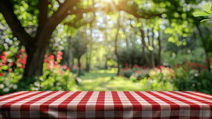 Red and White Checkered Picnic Tablecloth on a Blurred Background of a Sunny Green Park with Sunlight Streaming Through Trees