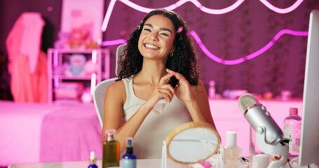 Face, makeup influencer or vlog with girl, spray or advice with content creator, promotion for...