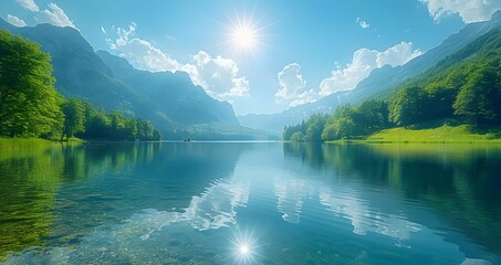 Naklejka premium A vast nature reservoir with clear, still water reflecting the surrounding landscape, the sunlight creating a warm and inviting atmosphere