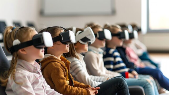 Children Using Virtual Reality Headsets in a Classroom Setting. Concept of VR Education, Child Learning, Advanced Technology