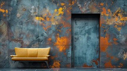  A chair with paint splatters sits before a gray wall, colored orange and yellow
