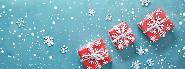Fototapeta premium Red Christmas gift boxes with ribbons in snowfall on blue background. Concept of winter holiday, festive season, presents, celebration. Copy space. Greening card, postcard, banner, poster