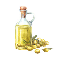 Glass bottle, jug corked with oil, olive fruit and green leaves. Watercolor hand drawn illustration for food vegan sauce, healthy vegetarian menu, nature bio cosmetic Isolated clipart white background