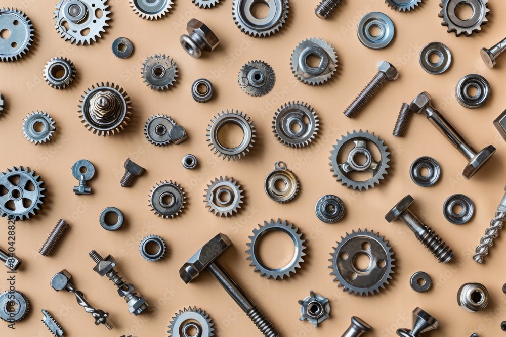Aufkleber a collection of mechanical gears and components arranged on a table