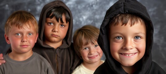 Fototapeta premium Spooky grim reaper in smoke with diverse smiling kindergarten kids mosaic portrait