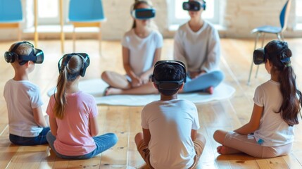 Group of Children Using VR Headsets While Sitting in a Circle. Concept Technology, Education, Virtual Reality Learning