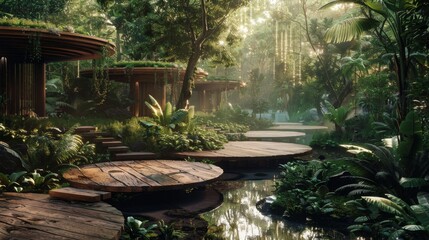 Obraz premium Tranquil Oasis Serene Wooden Meditation Platforms in Lush Rainforest Ecoresort