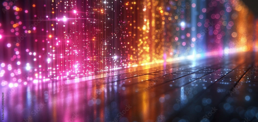 Poster a colorful wall with sparkles sits next to a wooden floor and a computer keyboard resting atop it