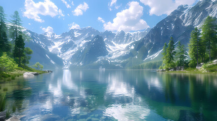 Fototapeta premium A serene.Surrounded by snow-capped mountains The lake was quiet.