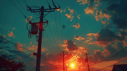 electric pole, sunset, footage,