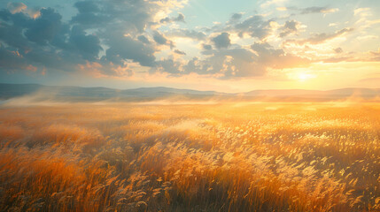 A vast nature steppe meadow with rolling hills and tall grasses swaying in the breeze, the sunlight creating a warm and inviting atmosphere