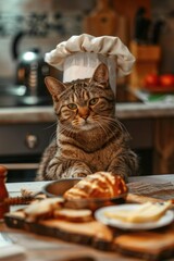 A tabby cat enjoying a meal at a table