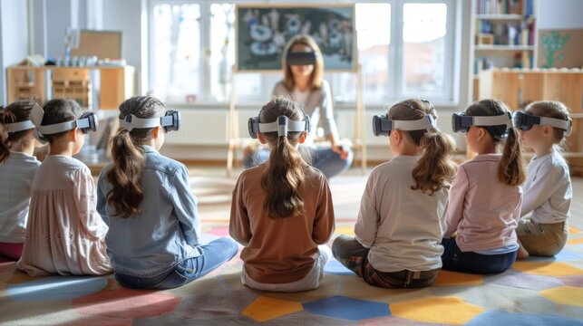 Children with virtual reality headsets in a classroom. Concept of VR education, technology in schools, immersive learning