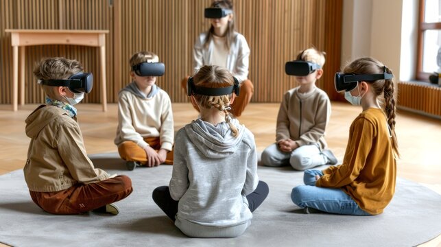 Kids with virtual reality headsets in a classroom. Concept of VR education, technology in schools, immersive learning - Powered by Adobe