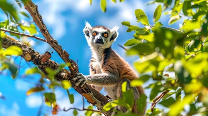 Lemur Sitting in a Natural Habitat with Blue Sky Background. Concept of Wildlife, Nature, Lemur, Sky
