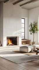 Fototapeta premium Cozy and Inviting Rustic Living Room with Fireplace and Natural Decor