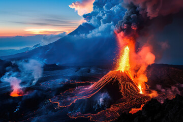 Generative ai on theme of erupting volcano with cascading hot lava surrounded thick white smoke