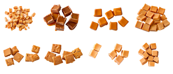 Collection of caramel candies snack set in different cuts. French flair or breakfast treats. top view / flat lay. design elements.
