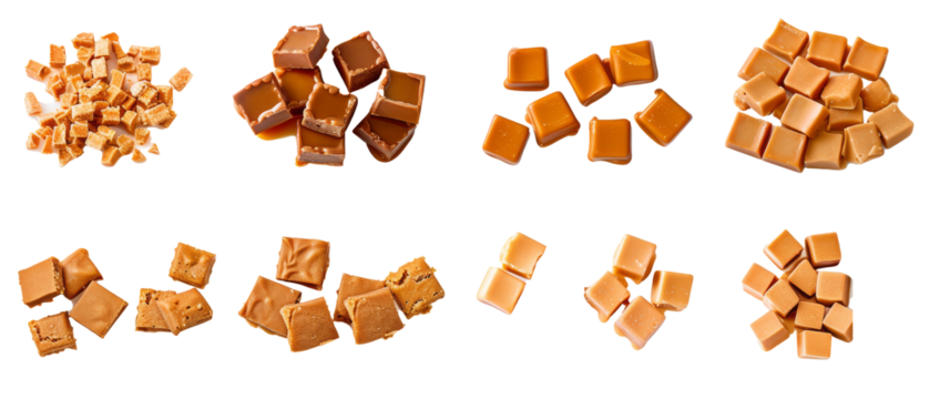 Collection of caramel candies snack set in different cuts. French flair or breakfast treats. top view / flat lay. design elements.