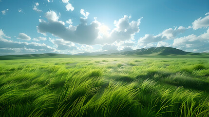 Fototapeta premium A vast nature steppe meadow with rolling hills and tall grasses swaying in the breeze, the sunlight creating a warm and inviting atmosphere