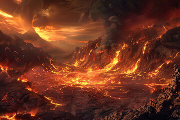 Generative ai on theme of erupting volcano with cascading hot lava surrounded thick white smoke