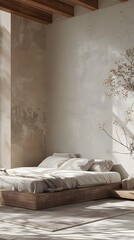 Cozy and Minimalist Bedroom with Rustic Wooden Accents and Serene Ambiance