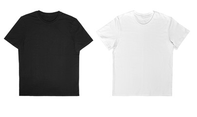 Mockup of white, black t-shirt, top view, isolated on white background.