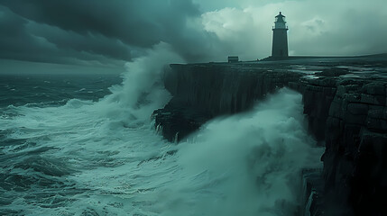 A charming lighthouse on a rocky coastline, with crashing waves and a stormy sky