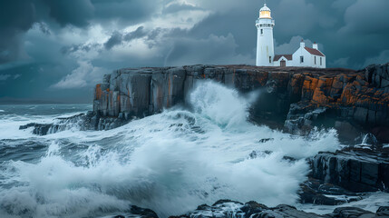 Obraz premium A charming lighthouse on a rocky coastline, with crashing waves and a stormy sky