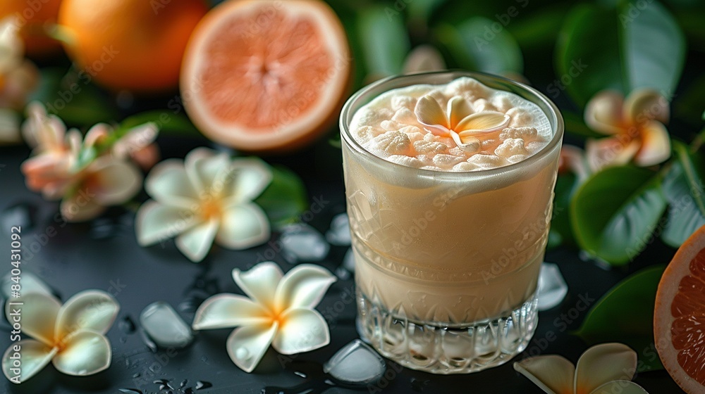 Poster a drink rests atop a table alongside an array of flowers and oranges