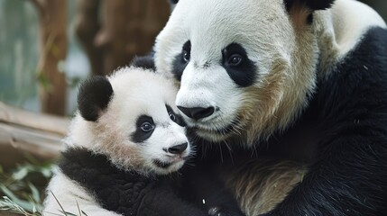 Fototapeta premium Adult panda cuddling with baby panda in a forest. Concept of wildlife, animal bonding, nature, family