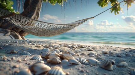 Obraz premium Seaside Serenity Inviting Hammock with Seashell Trail Perfect for Romantic Escapes and Relaxing Vacations