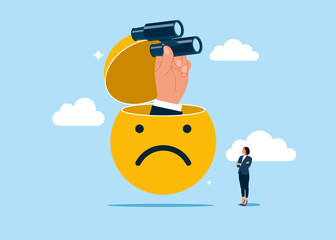Businessman open sad face pendulum ball to see problem vision and investigate incident. Sad emoticon, no happiness. Negative attitude. Flat vector illustration   