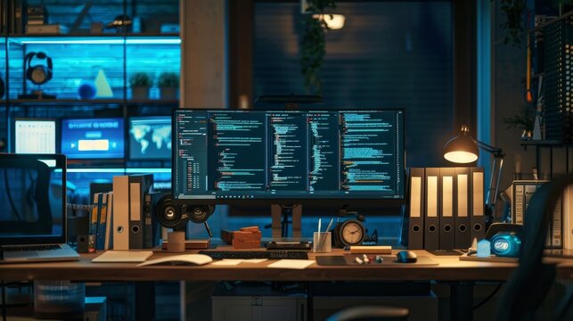 Digital Mastery Ethical Hacker's Command Center with Dual Monitors Cybersecurity Accolades and Tech Tools for Success