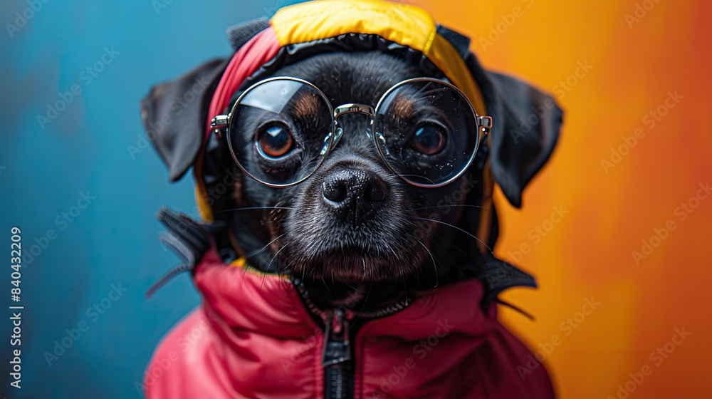 Poster a mixture of colorful pilot clothes with glasses and a black dog on a multicolored background which 