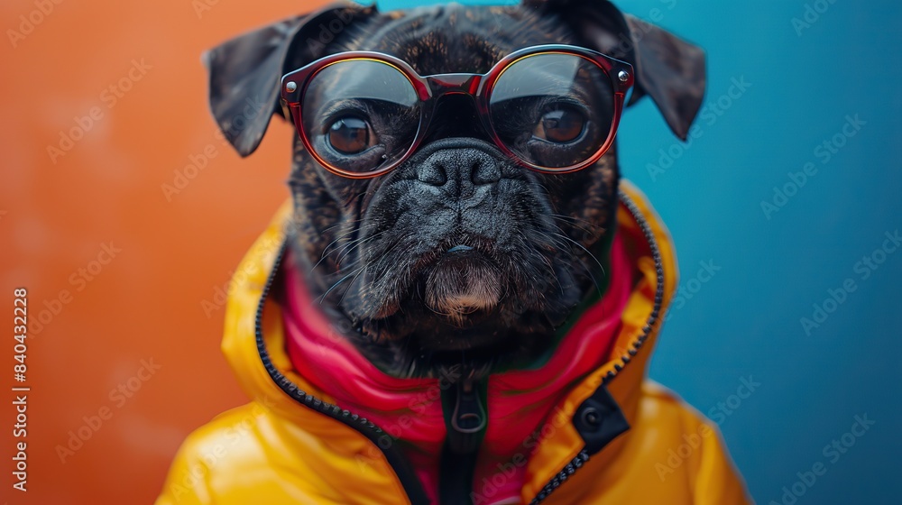 Poster a mixture of colorful pilot clothes with glasses and a black dog on a multicolored background which 