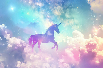Fototapeta premium Generative ai on theme of fantasy unicorn in beautiful sky with bright rainbow and fluffy clouds