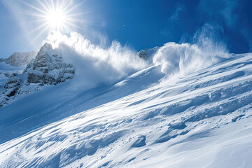 Generative ai on theme of descent of an huge avalanche from the mountain, winter nature landscape