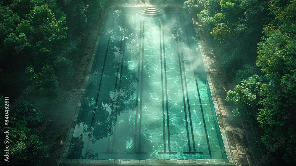 Poster aerial view of a forest pool with sunbeams filtering through the top of the pool