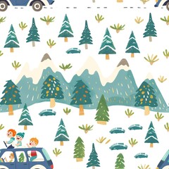 Obraz premium A kindergarten sketch of a family driving in a car, with everyone smiling and trees and mountains visible through the car windows. Minimal pattern banner wallpaper, simple background, Seamless,
