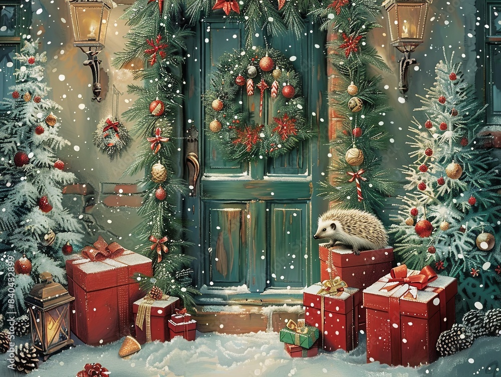 Canvas Prints The cottage door with an elaborate garland, lanterns, numerous red gift boxes, Christmas