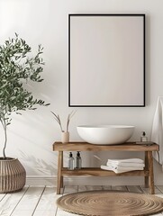 Fototapeta premium Cozy and Relaxing Minimalist Bathroom Interior with Wooden Vanity and Vessel Sink