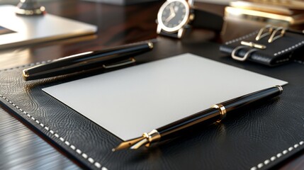 Professional Business Essentials Blank Business Cards Fountain Pen and Luxury Watch on Leather Desk Pad