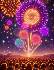 ファンタスティックな花火がキラキラ輝く星空