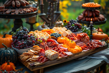 Fototapeta premium Beautifully arranged charcuterie board with pumpkins, cheeses, meats, and fruits for an autumn celebration