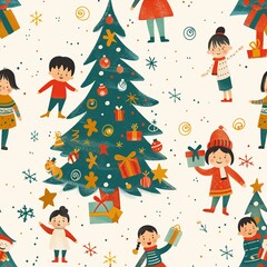 A kindergarten child&acirc;&euro;&trade;s depiction of a family holiday, with a decorated Christmas tree, presents, and everyone wearing festive clothes. Minimal pattern banner wallpaper, simple background, Seamless,