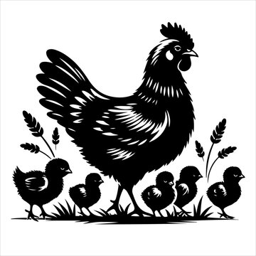 recommend clip art: Mother Hen with Her Chicks silhouette vector. Happy mother hen walking with her cute little chicks