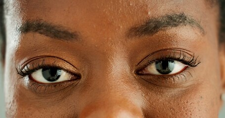Closeup, eyes and woman with vision, face and optometry with optical assessment and healthy...