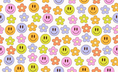 Funny Groovy seamless pattern in trendy retro style. Y2k collection. Retro y2k cartoon characters style. Cartoon Characters. Retro hipster y2k pattern.	